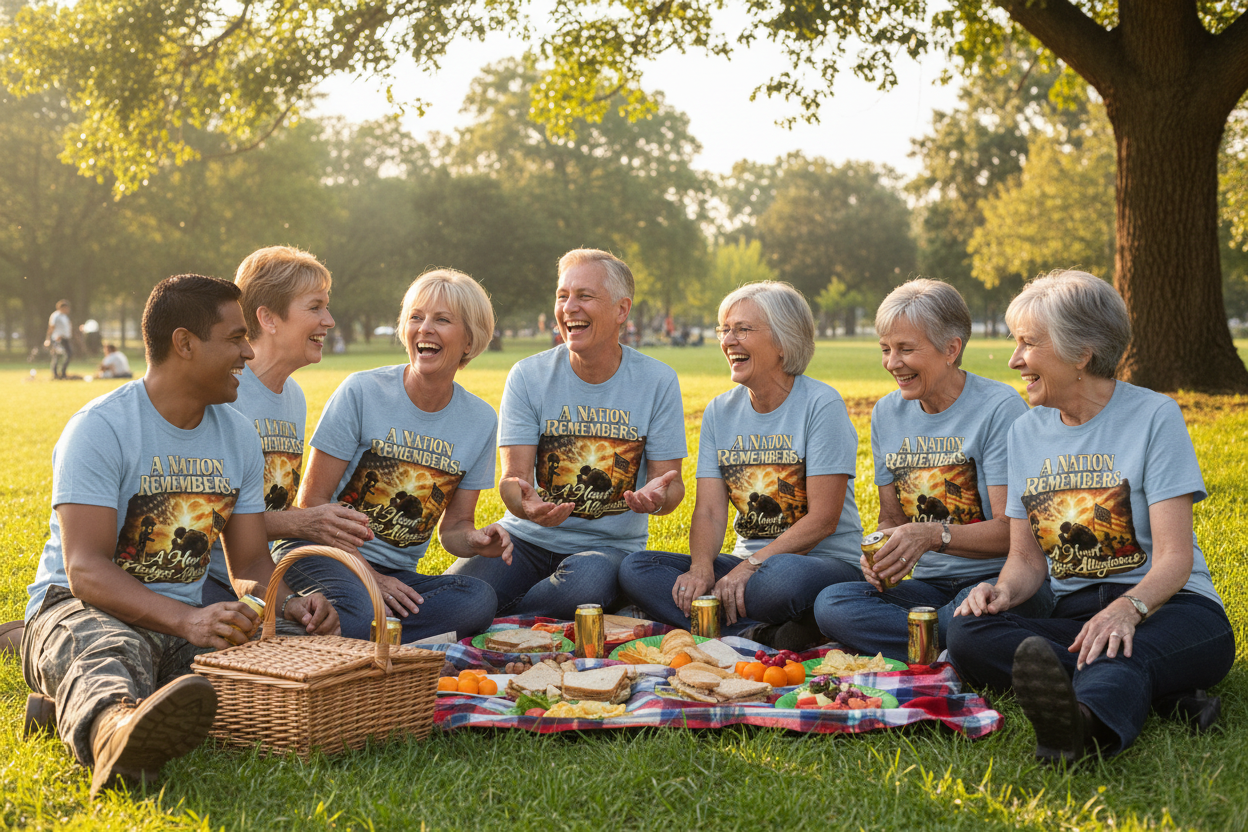 Veterans having a picnic in patriotic tees