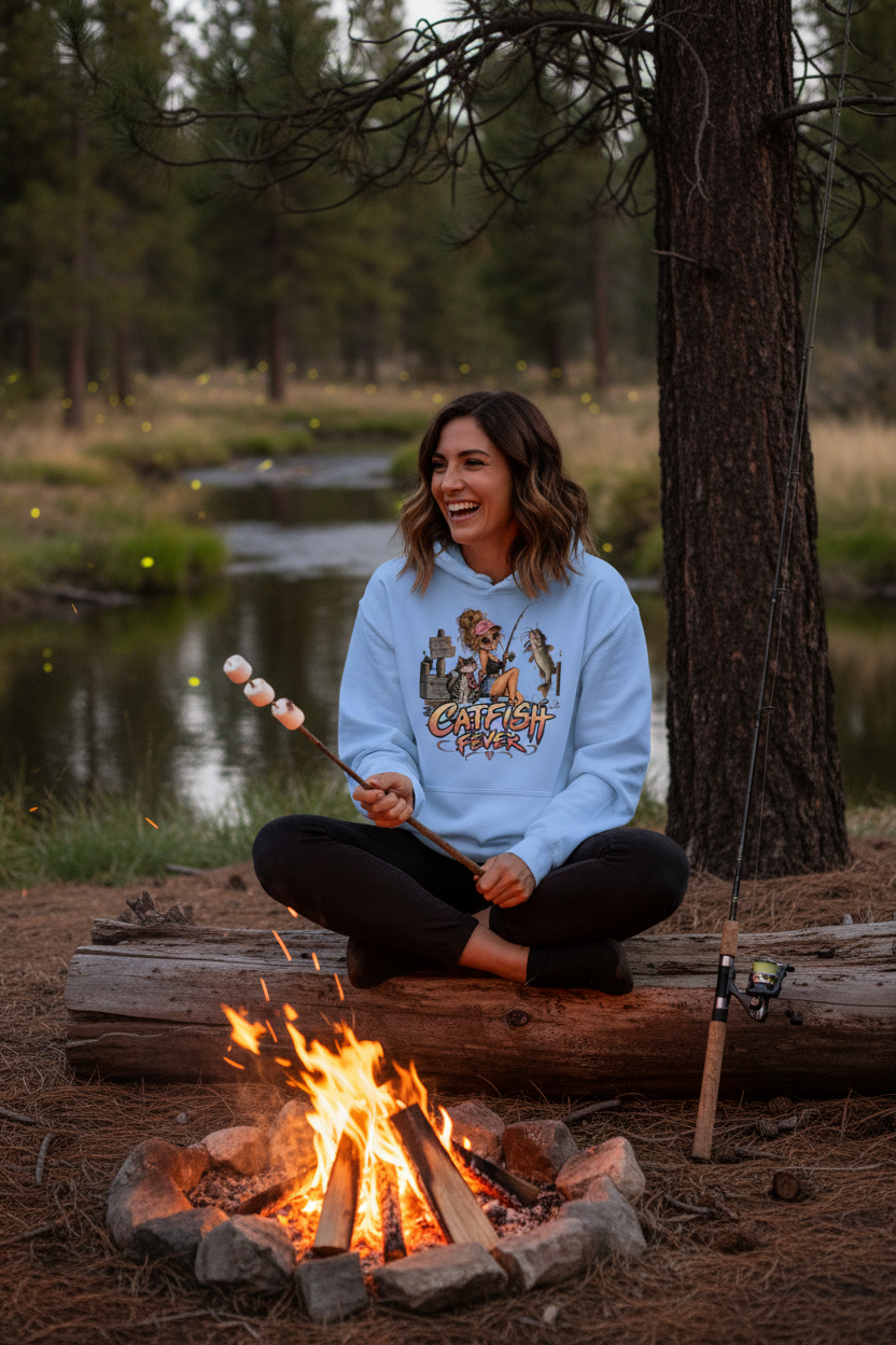 Woman at Creek Campfire