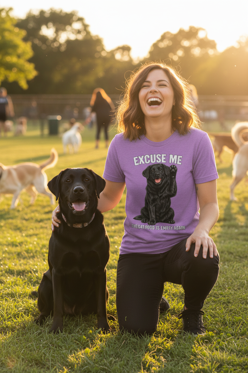 Woman at dog park, purple tee