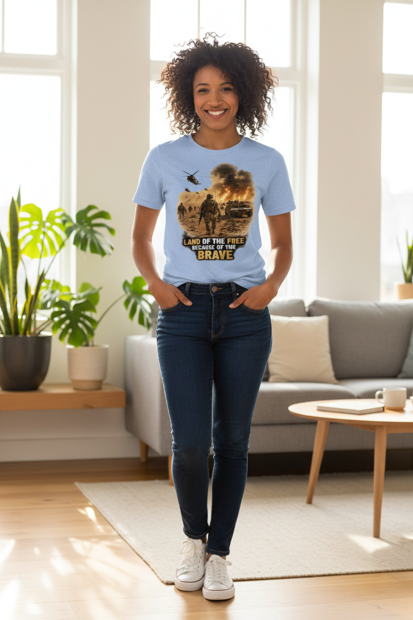 Woman in light blue tee in living room