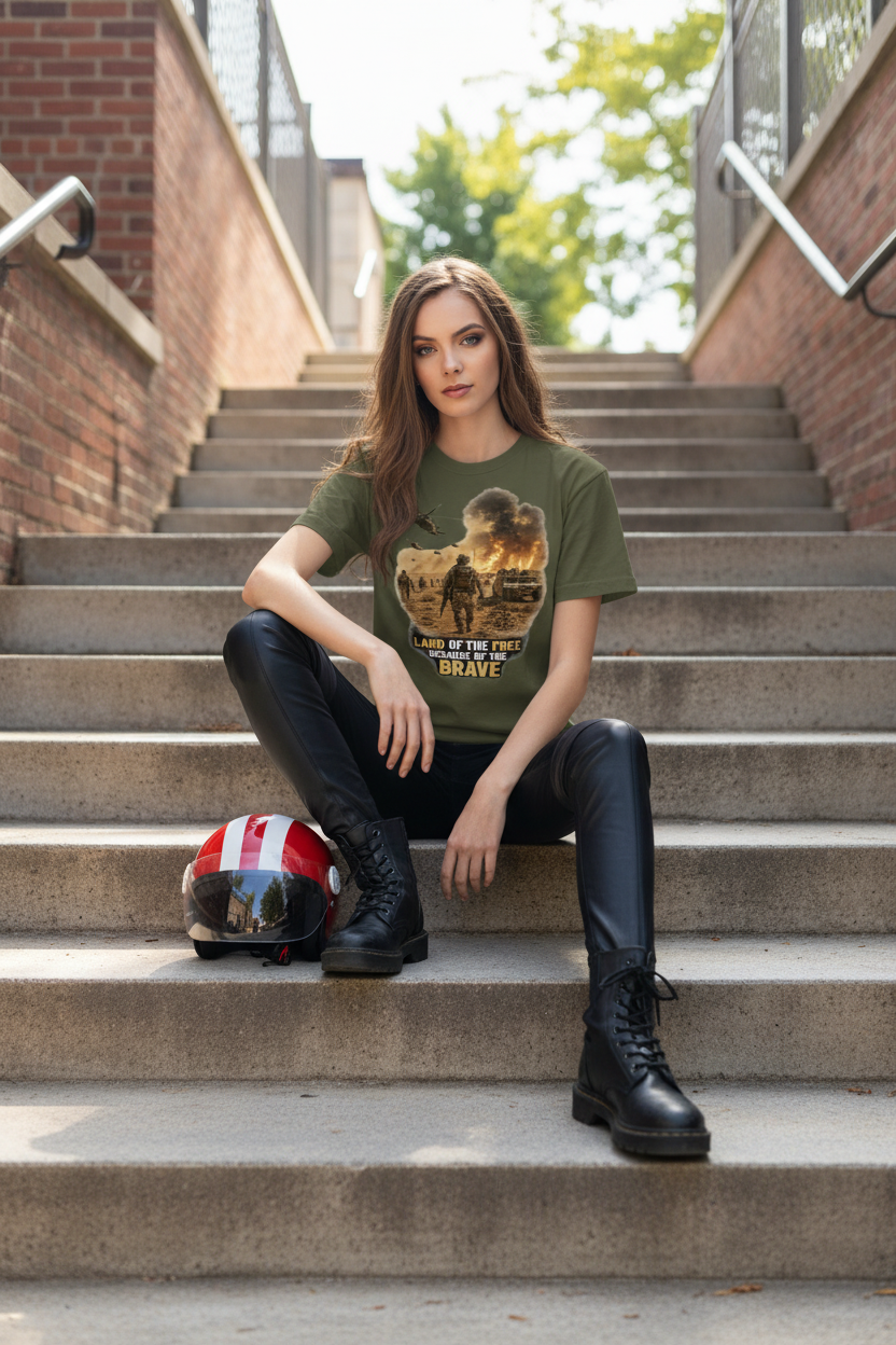 Woman in olive tee on urban steps