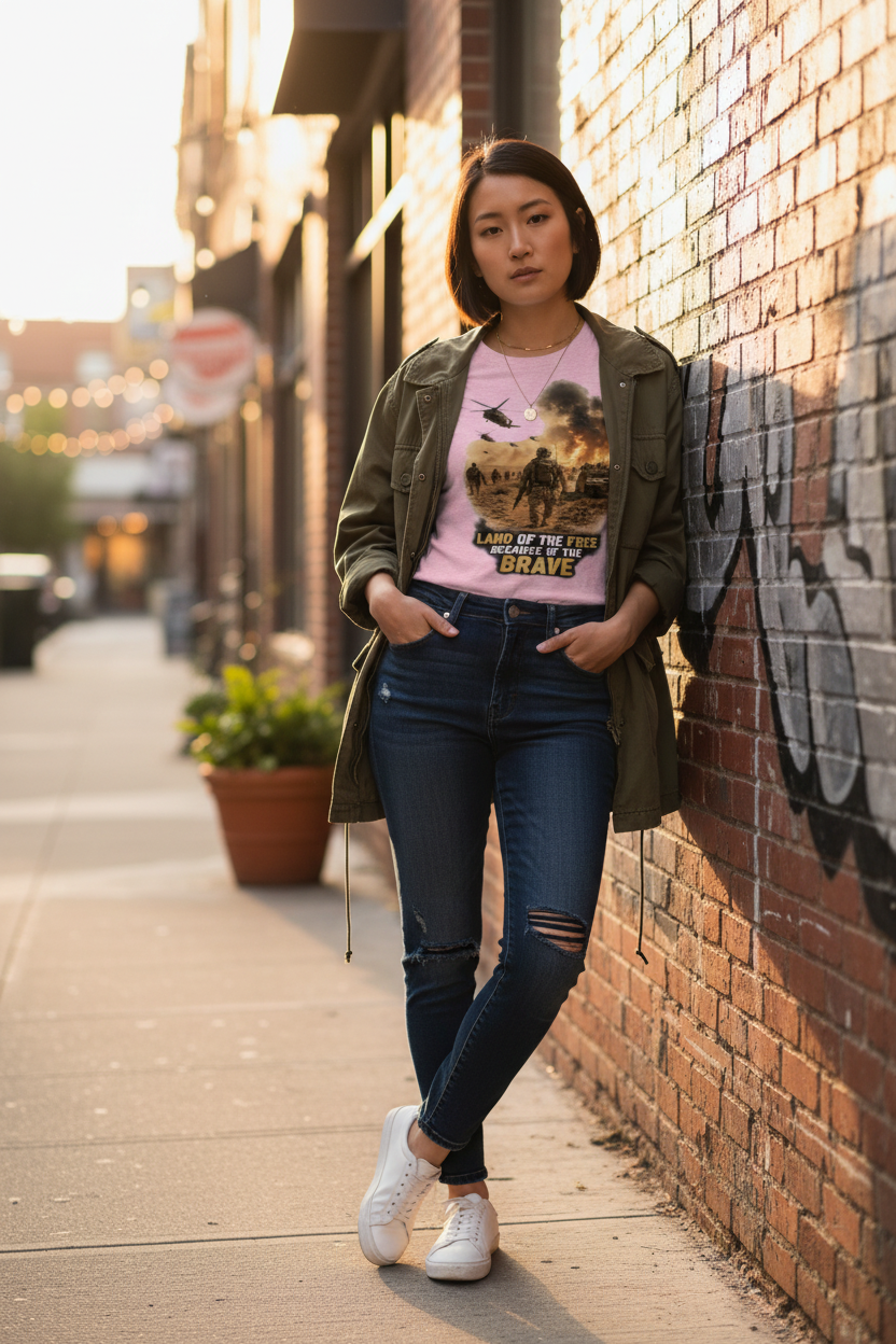 Woman in pink tee near brick wall