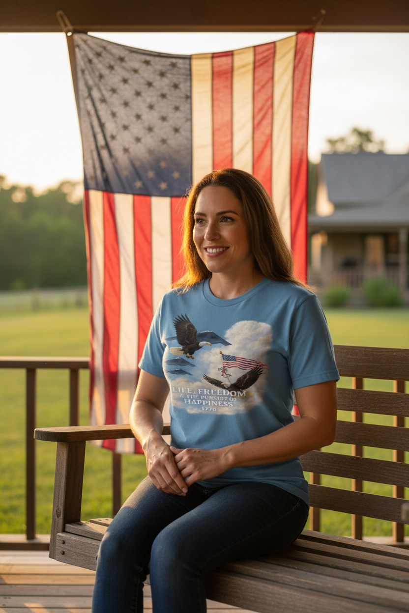Woman in steel blue tee on porch swing