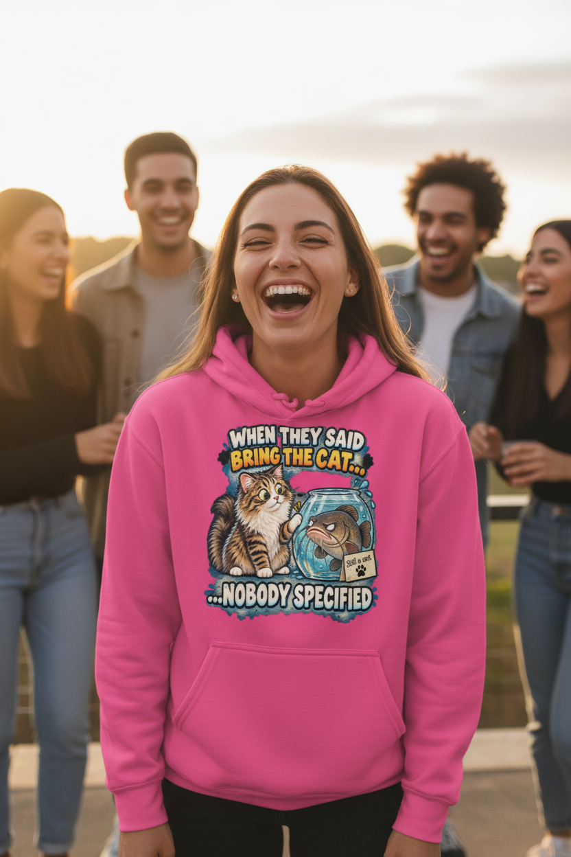 Woman laughing in pink funny cat hoodie at outdoor hangout