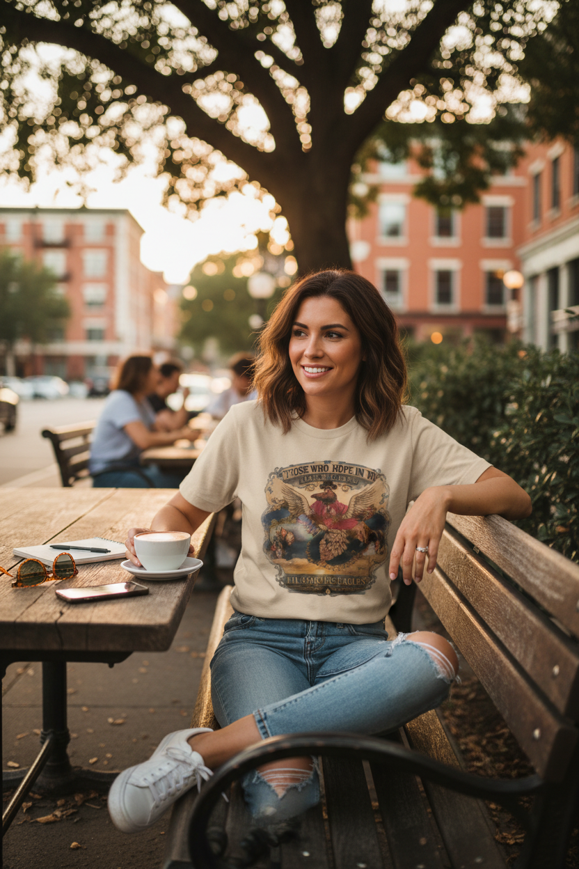 Woman wearing eagle scripture tee lifestyle