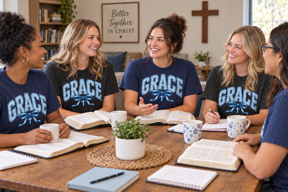 Women's Bible study wearing the Grace tee